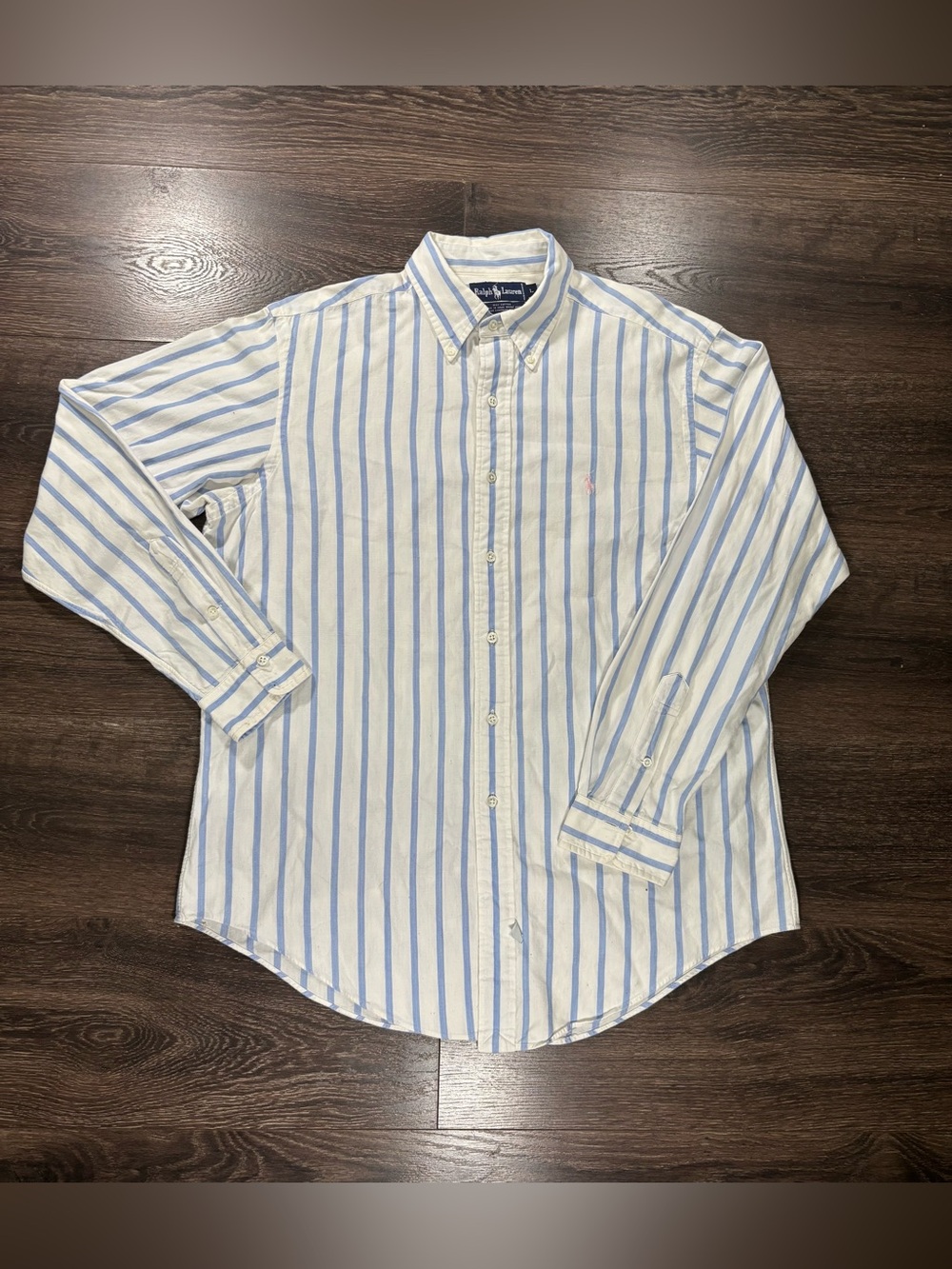 Vintage Ralph Lauren Men’s Light Blue & White Striped Button-Down Shirt